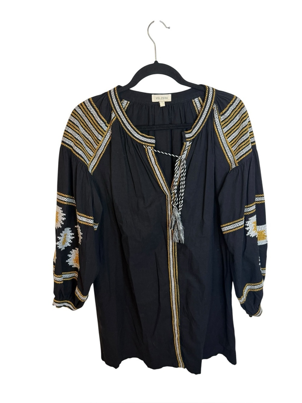 Velzera Black Embroidered Snap Front Bohemian Tunic Top